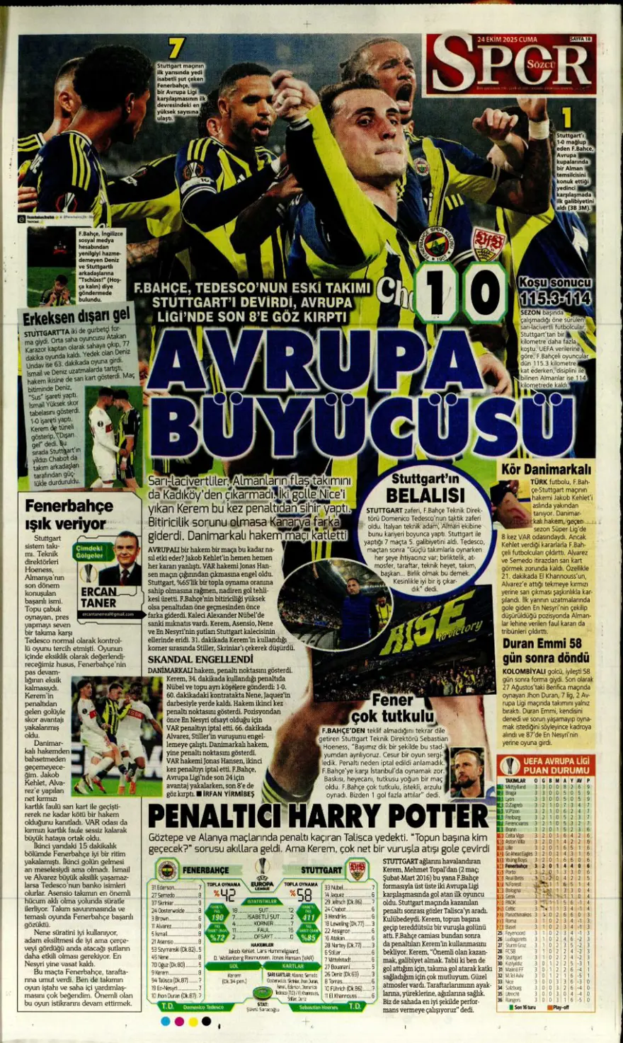 "Kadıköy canavarı" (24 Ekim 2025 spor manşetleri) 21