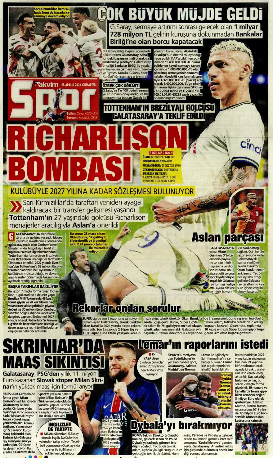 "Richarlison bombası" (28 Aralık 2024 spor manşetleri) "Richarlison bombası" (28 Aralık 2024 spor manşetleri)