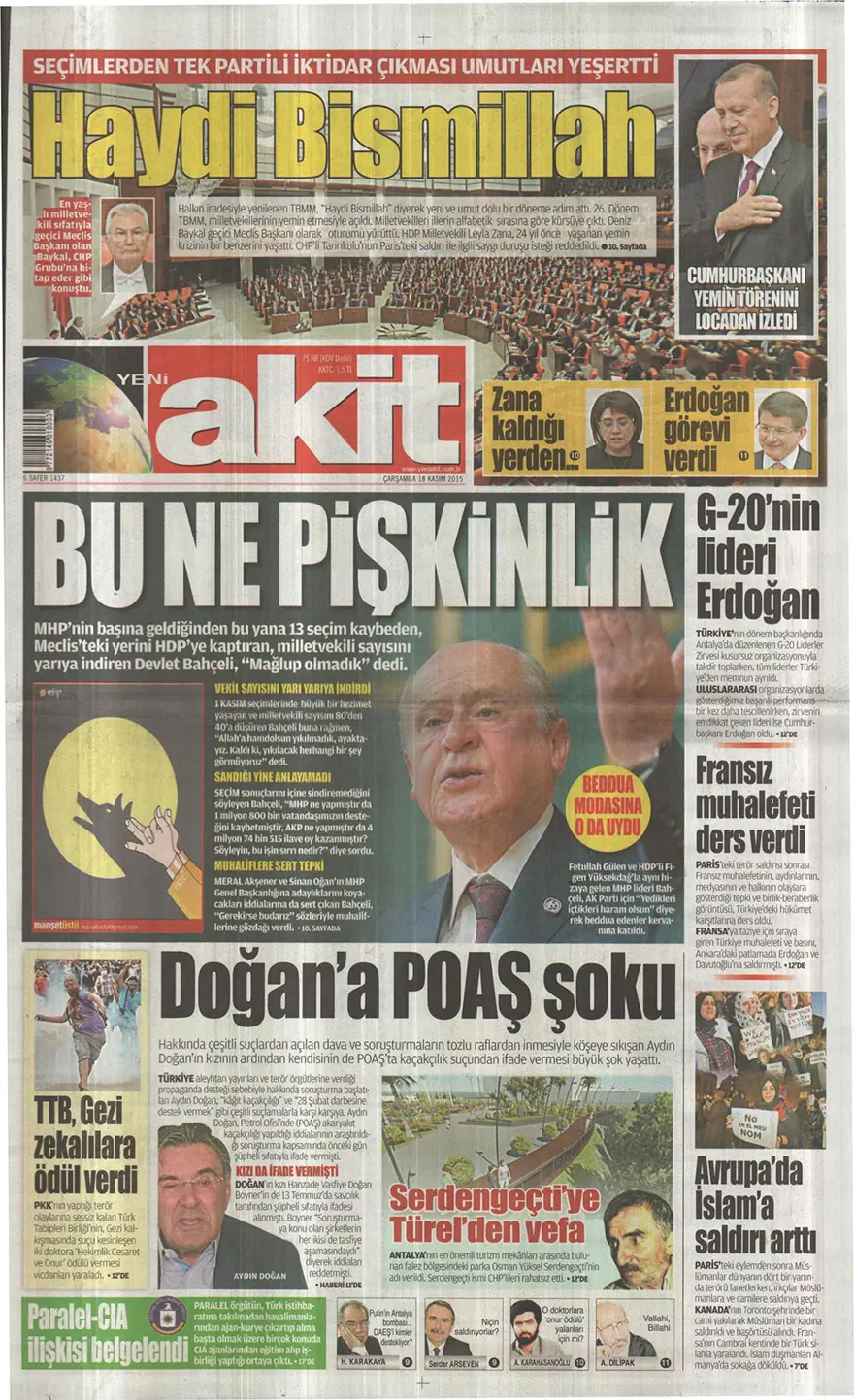 Günün gazete manşetleri - 18 Kasım 2015 17