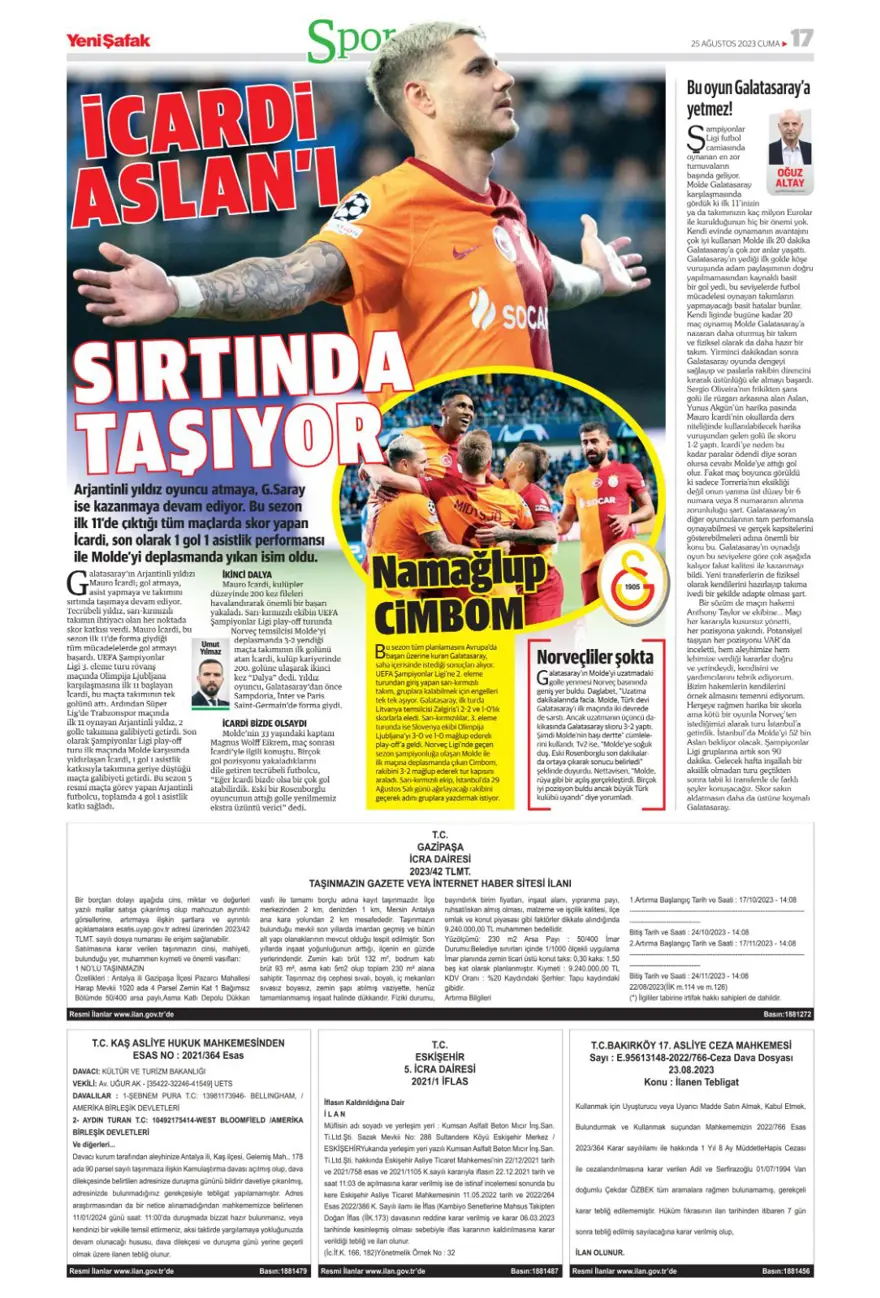"Aslan'da son aday Salih Özcan" (25 Ağustos 2023 spor manşetleri) 18
