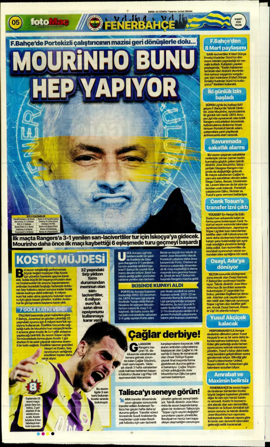 "1 numaralı büyük plan" (9 Mart 2025 spor manşetleri) 5