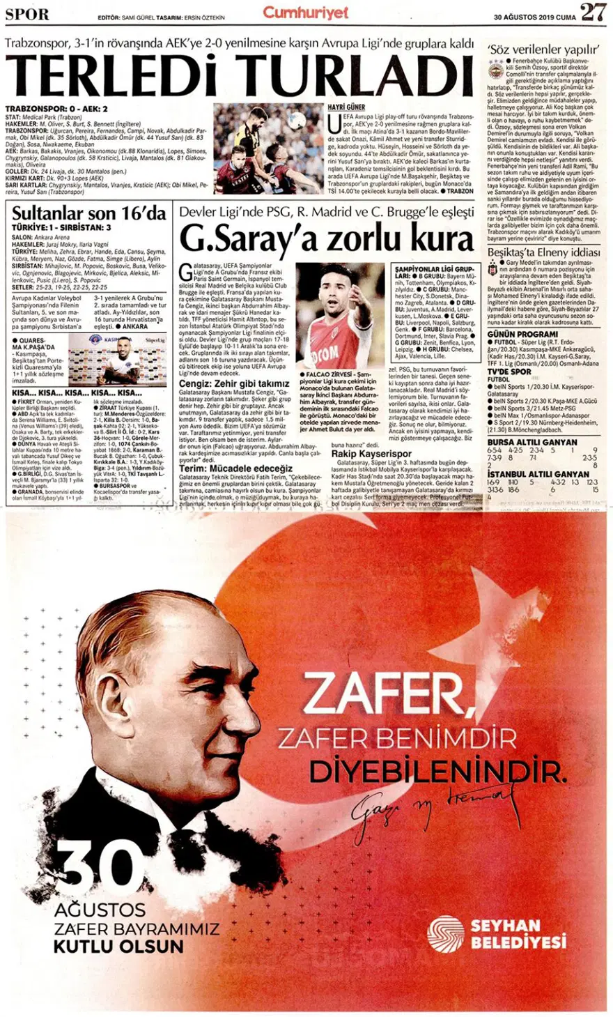 Günün spor manşetleri (30 Ağustos 2019) 5