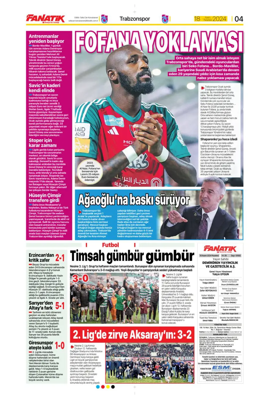 “Fenerbahçe’de dev takas” (18Kasım 2024 spor manşetleri) 8