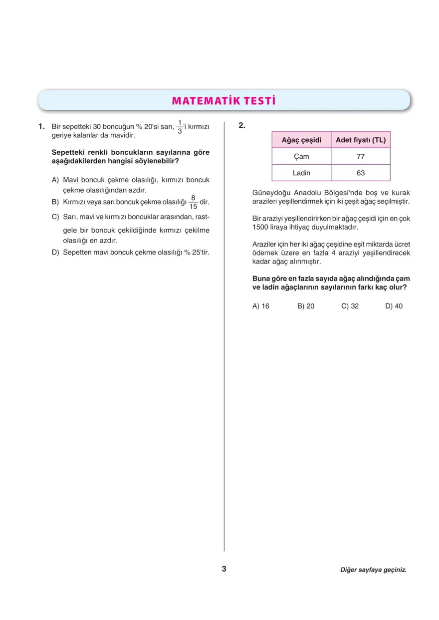 Uğur Okulları LGS-1 sayısal deneme sınavı 2