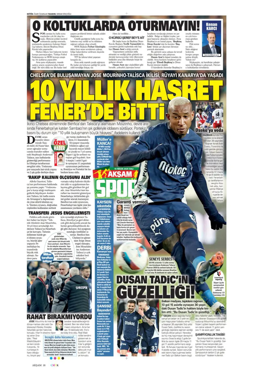 "Mertens'in yerine dünya yıldızı" (15 Nisan 2025 spor manşetleri) 1