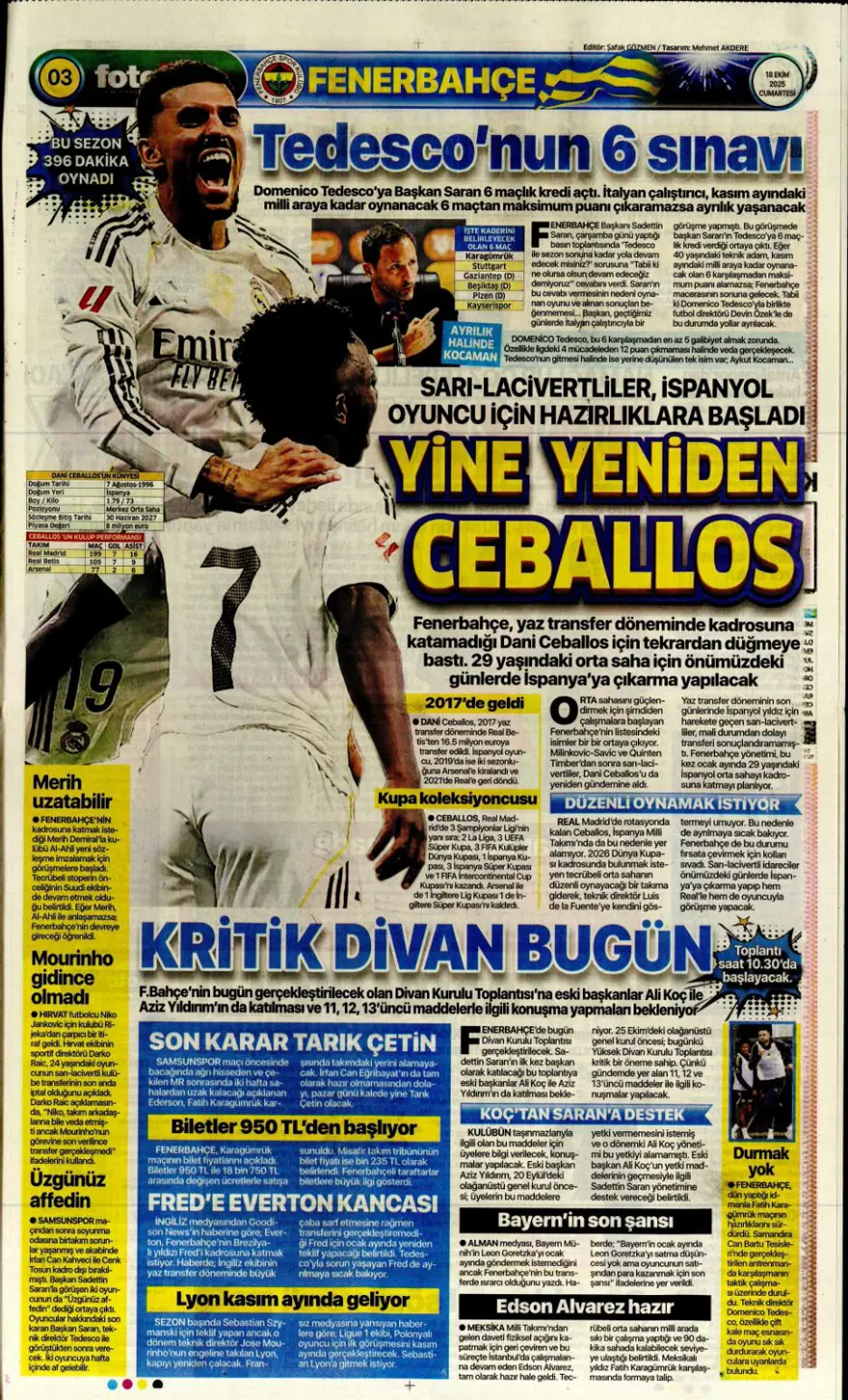 "Yine yeniden Ceballos" (18 Ekim 2025 spor manşetleri) 5