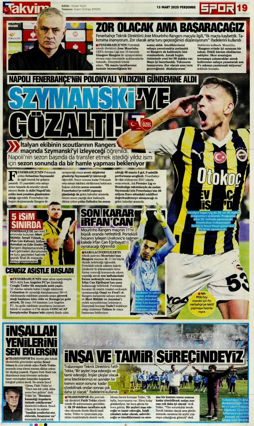 "Haydi Fener turla gel" (13 Mart 2025 spor manşetleri) 32
