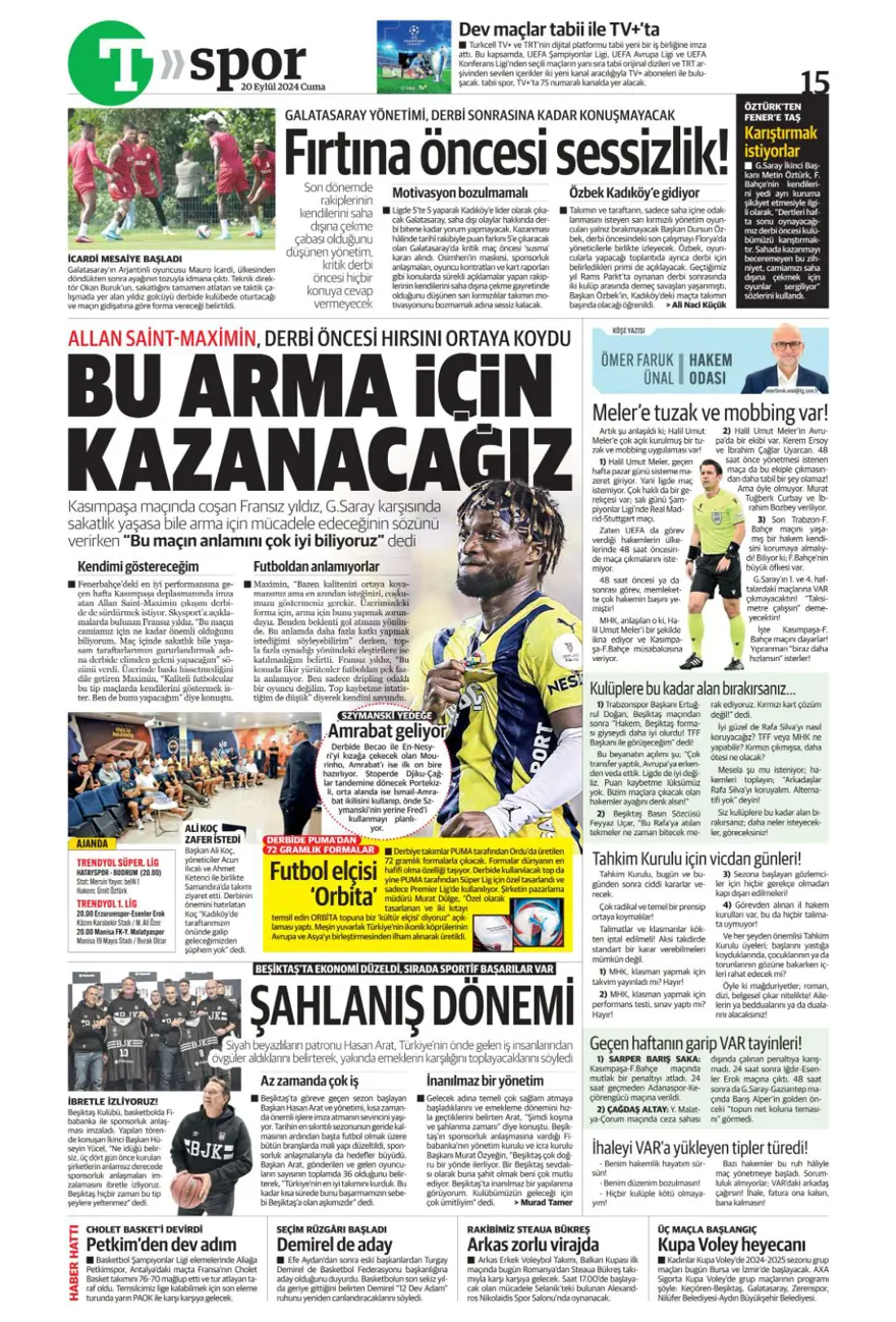 "520 milyon euroluk derbi" (20 Eylül 2024 spor manşetleri) 16