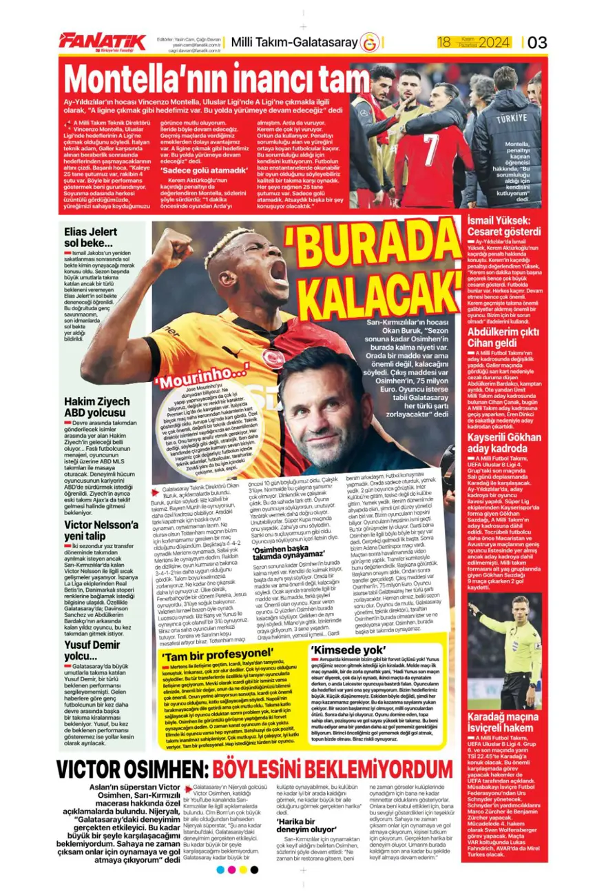 “Fenerbahçe’de dev takas” (18Kasım 2024 spor manşetleri) 7