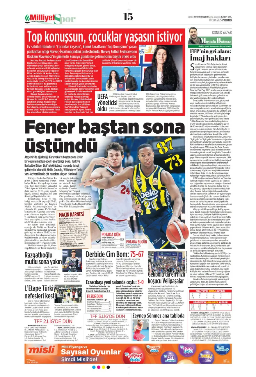 "Bayern'in dinamosu Fener'e..." (13 Ekim 2025 spor manşetleri) 9