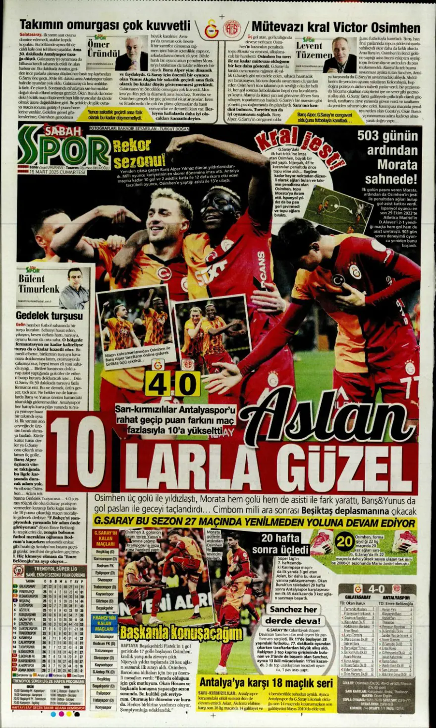 "Zirvede tek başına" (15 Mart 2025 spor manşetleri) 7