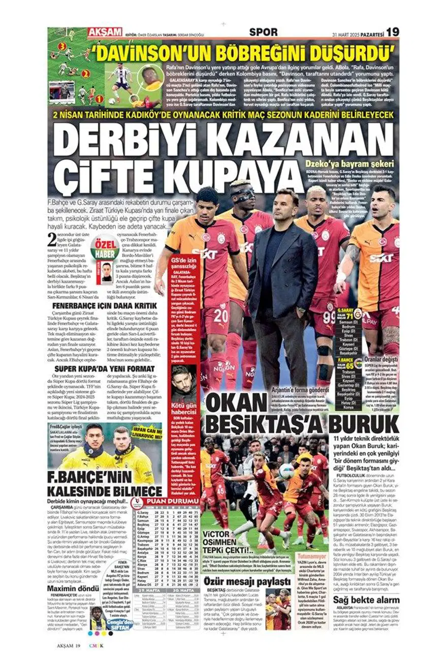"Aslan'da büyük yemin" (31 Mart 2025 spor manşetleri) 1