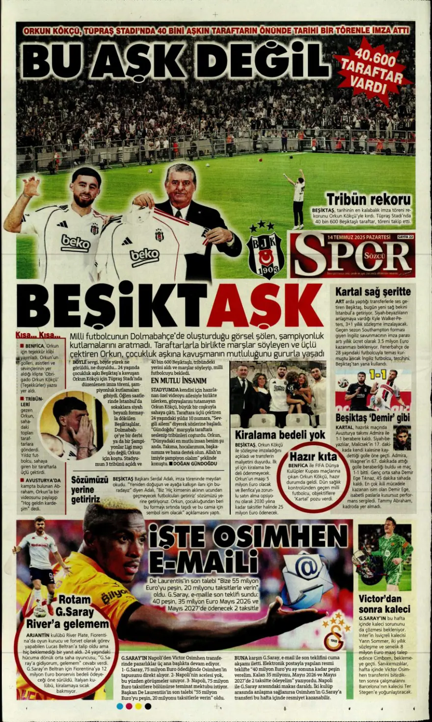 "Pasta Asensio, çilek Bissouma" (14 Temmuz 2025 spor manşetleri) 18