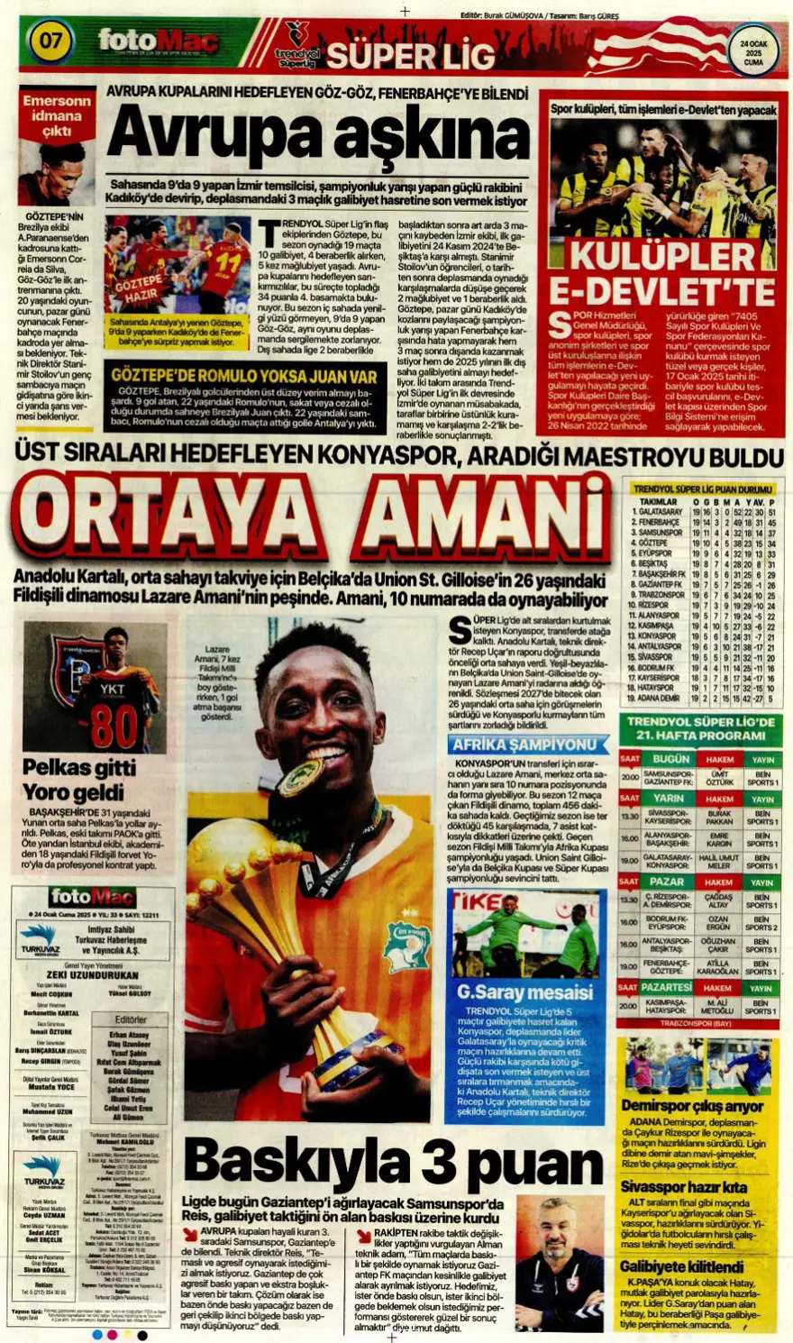 "Pavlovic sürprizi" (24 Ocak 2025 spor manşetleri) 7