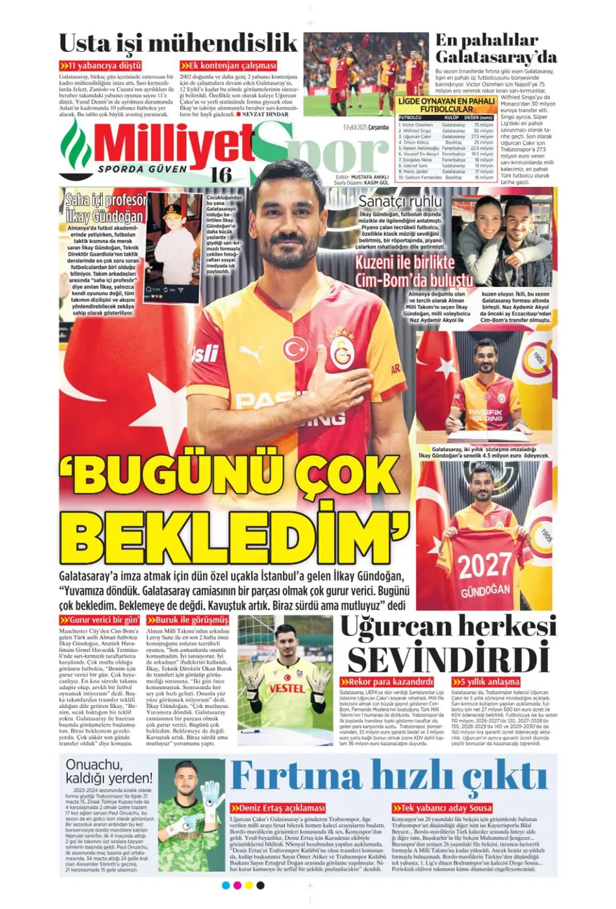 "Transfer çılgınlığı" (3 Eylül spor manşetleri) 9