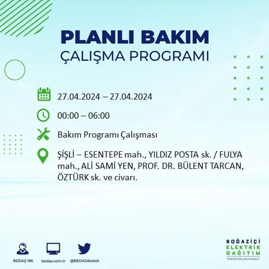 İstanbul'un 20 ilçesinde elektrik kesintisi: Elektrikler ne zaman gelecek? (27 Nisan tarihli BEDAŞ kesinti programı) 62 İstanbul'un 20 ilçesinde elektrik kesintisi: Elektrikler ne zaman gelecek? (27 Nisan tarihli BEDAŞ kesinti programı) 62