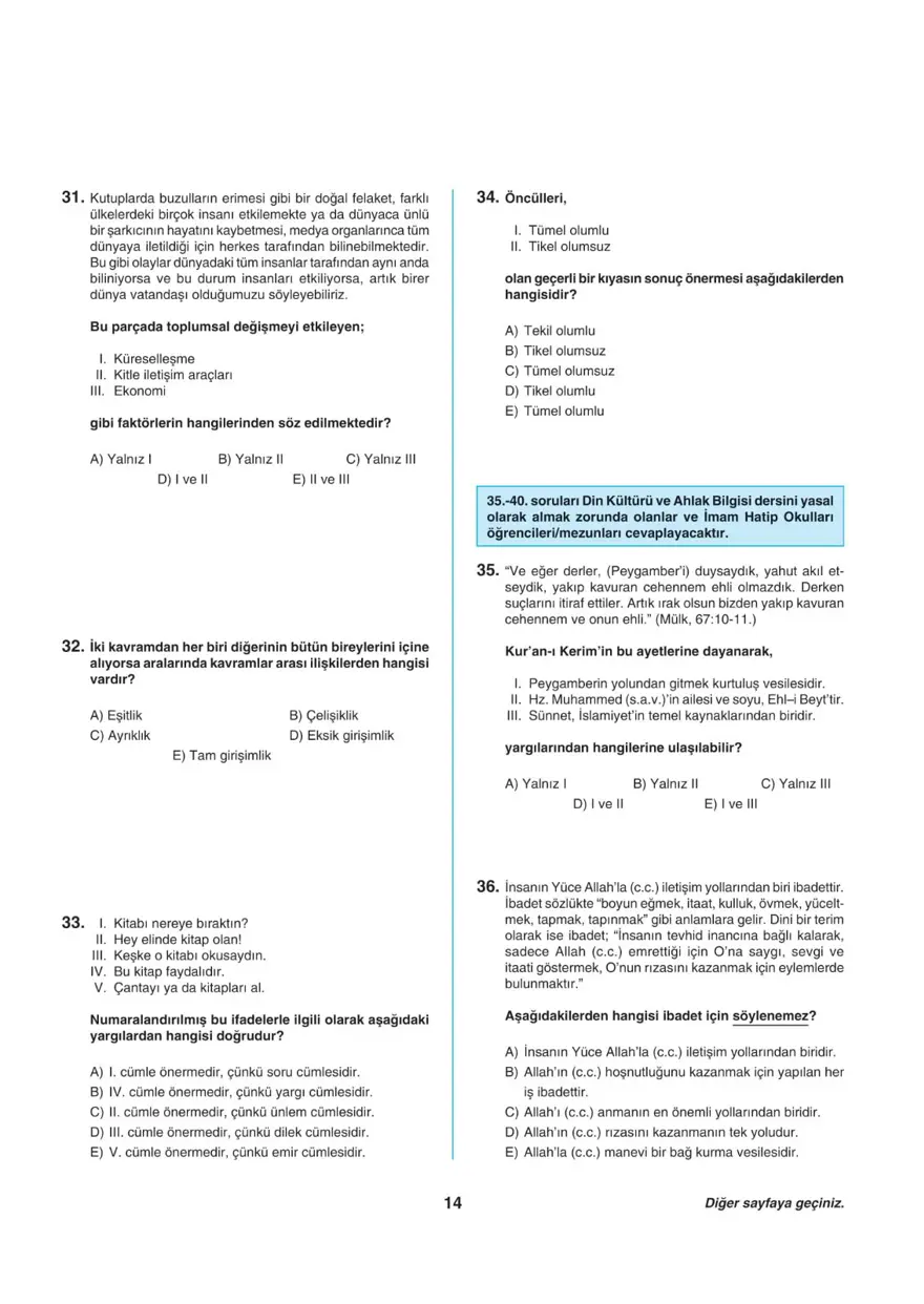 Uğur Okulları AYT -2 deneme sınavı 13