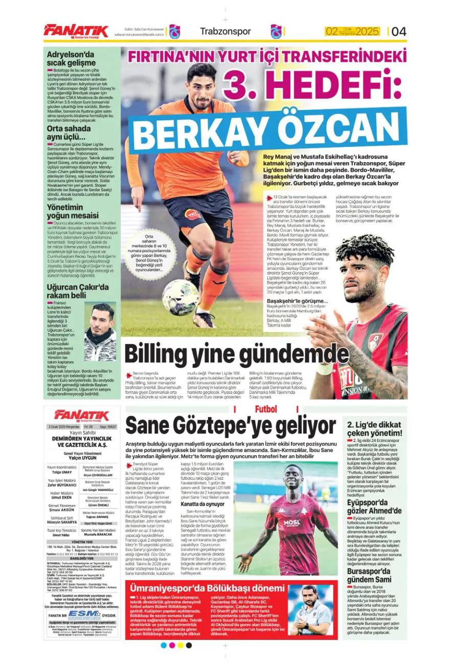 "Galatasaray'da Sane bombası" (2 Ocak 2025 spor manşetleri) 4