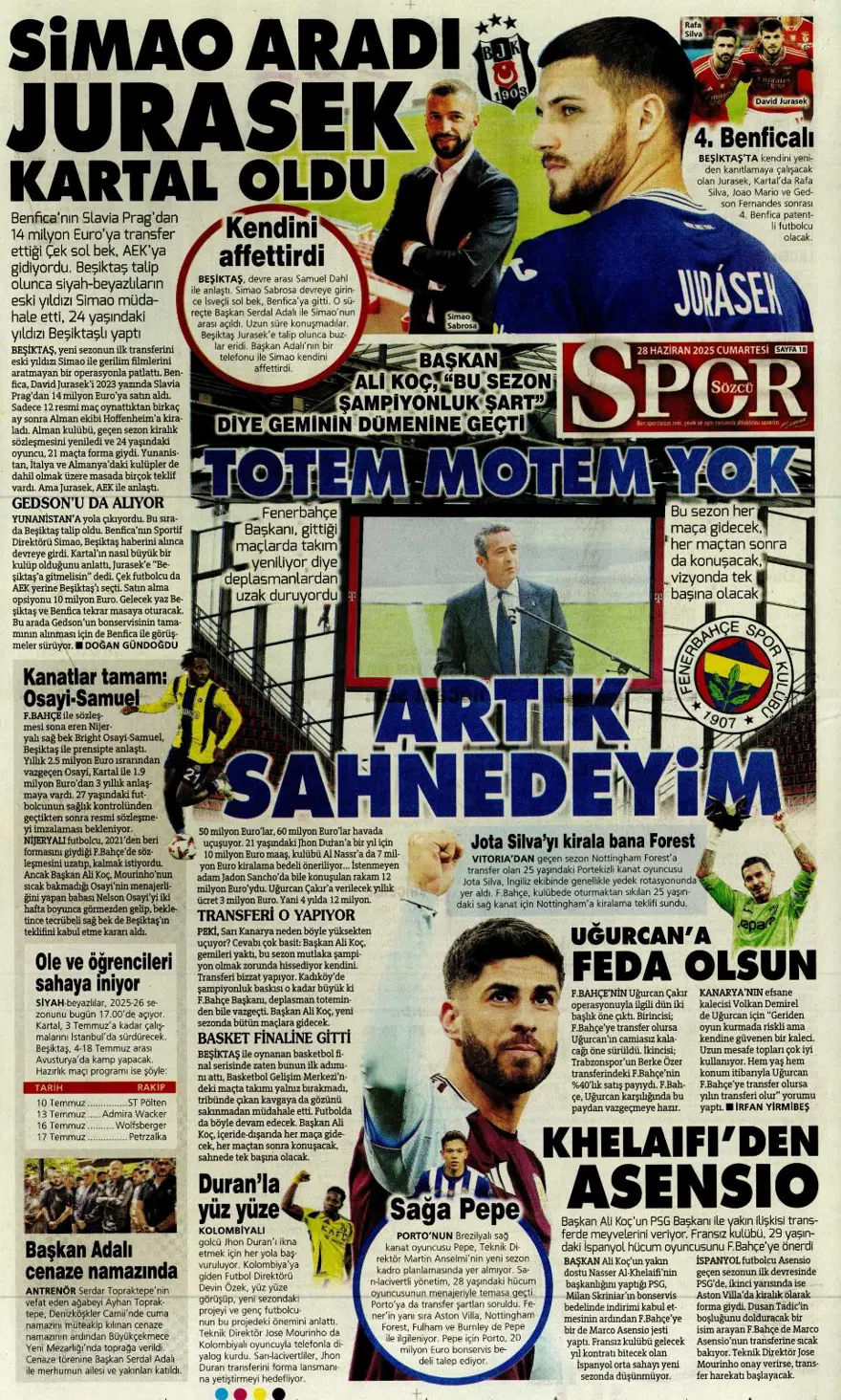 "Kolombiya seferi" (28 Haziran 2025 spor manşetleri) 13