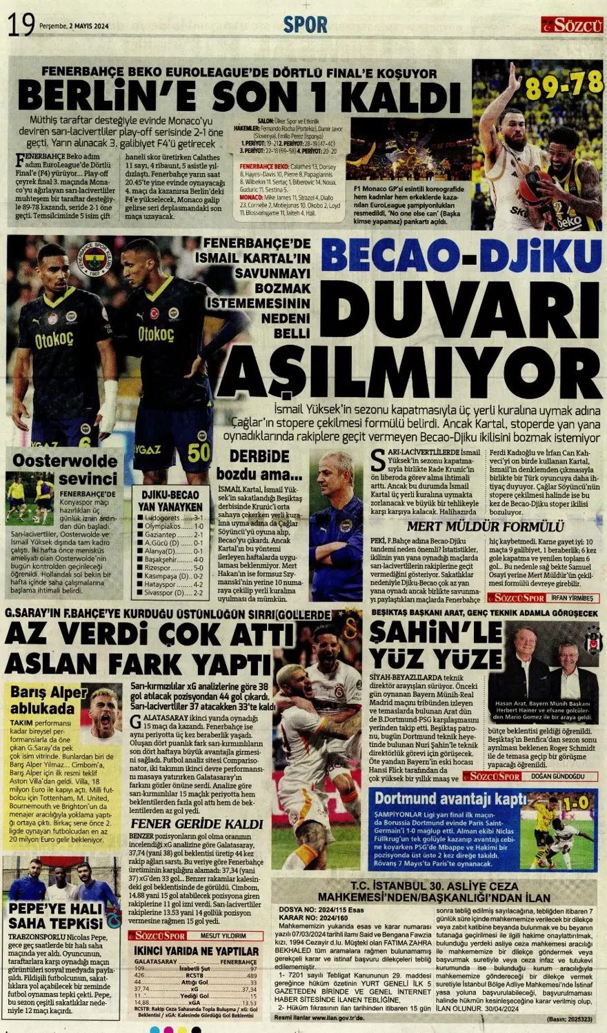 "Aslan'a süper panzer" (2 Mayıs 2024 spor manşetleri) 10