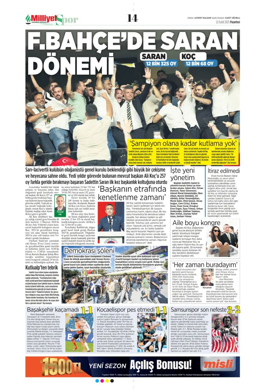 "Başkanı değişti, kaderi değişmedi" (22 Eylül spor manşetleri) 14