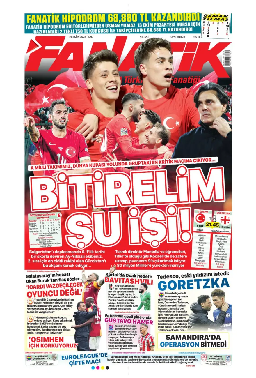 "Gürcistan'ı yen Play-off'u gör" (14 Ekim 2025 spor manşetleri) 