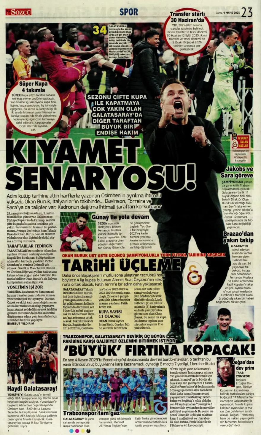 "Galatasaray 10'un peşini bırakmıyor" (9 Mayıs 2025 spor manşetleri) 29