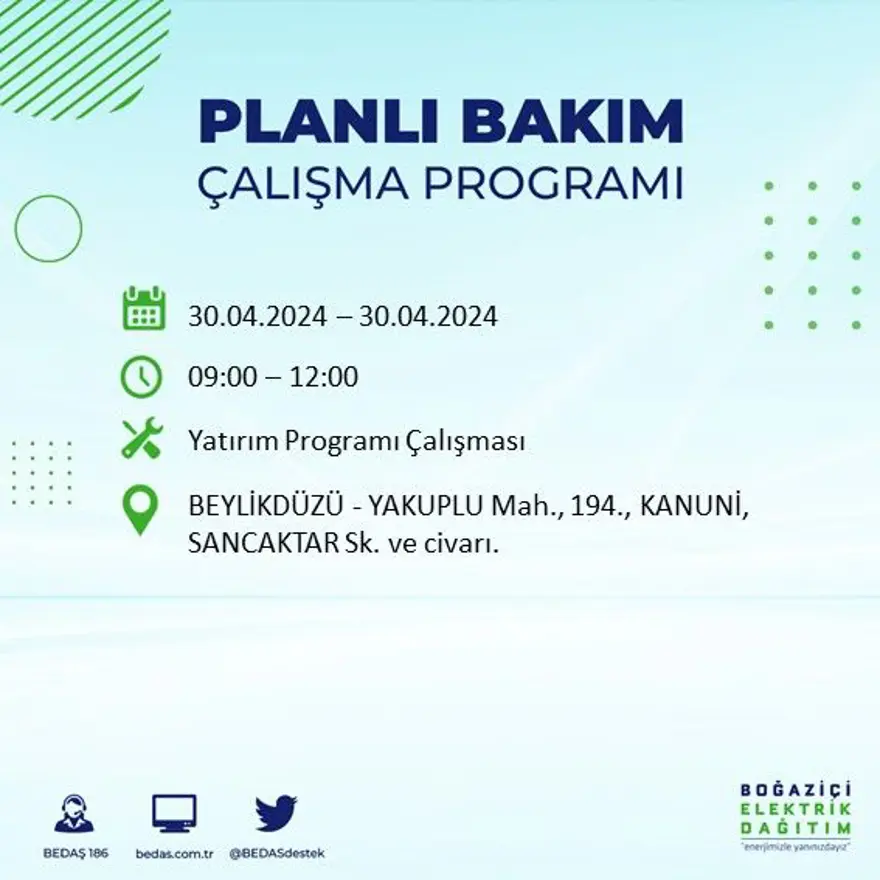 İstanbul'un 23 ilçesinde elektrik kesintisi: Elektrikler ne zaman gelecek? (30 Nisan tarihli BEDAŞ kesinti programı) 21