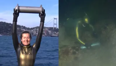 Tek nefeste 50 metreye daldı: Boğaz’a ‘zaman kapsülü’ bıraktı