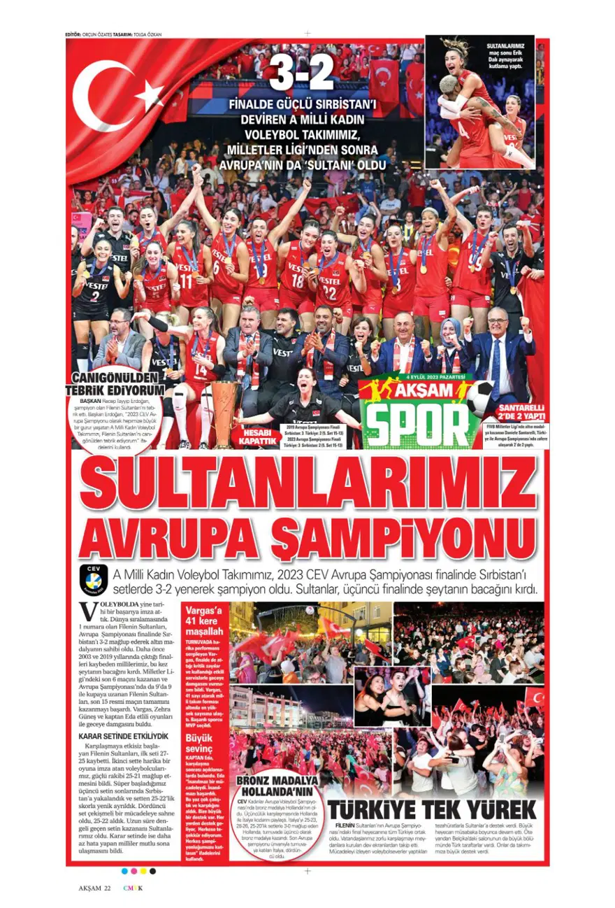 "Avrupa'nın Sultanları" (4 Eylül 2023 spor manşetleri) 1