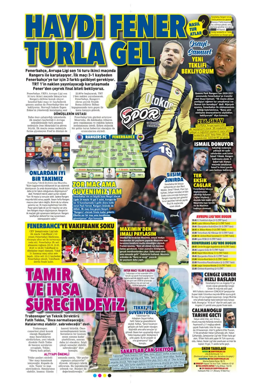 "Haydi Fener turla gel" (13 Mart 2025 spor manşetleri) 