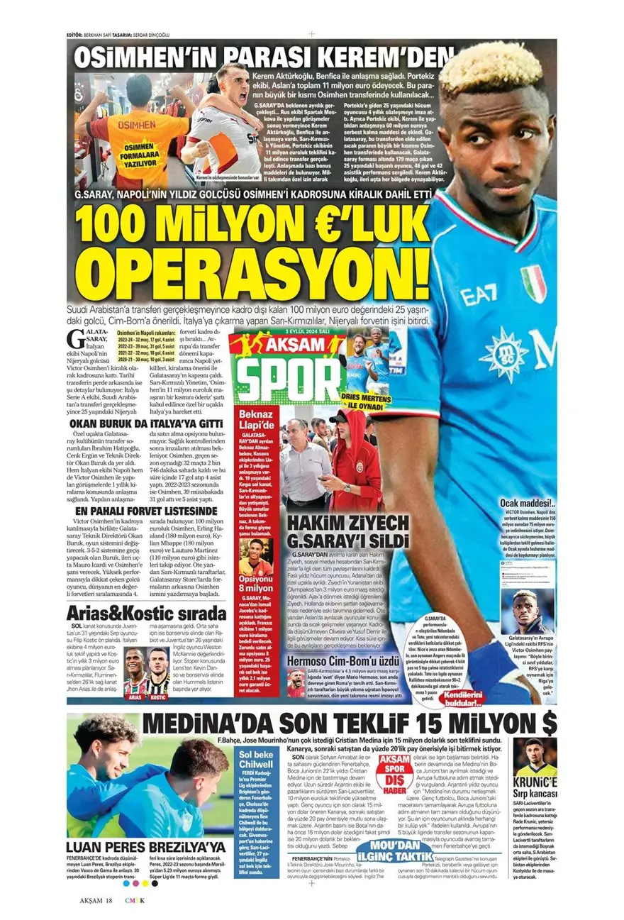 "100 milyon euroluk golcü" (3 Eylül 2024 spor manşetleri) 10