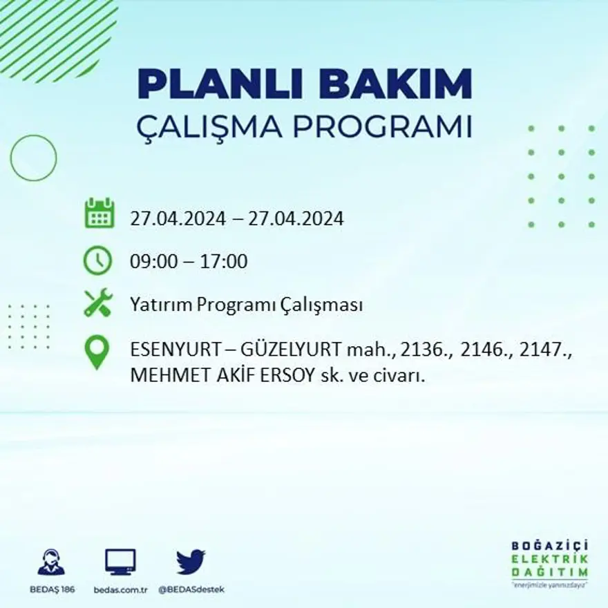 İstanbul'un 20 ilçesinde elektrik kesintisi: Elektrikler ne zaman gelecek? (27 Nisan tarihli BEDAŞ kesinti programı) 28 İstanbul'un 20 ilçesinde elektrik kesintisi: Elektrikler ne zaman gelecek? (27 Nisan tarihli BEDAŞ kesinti programı) 28