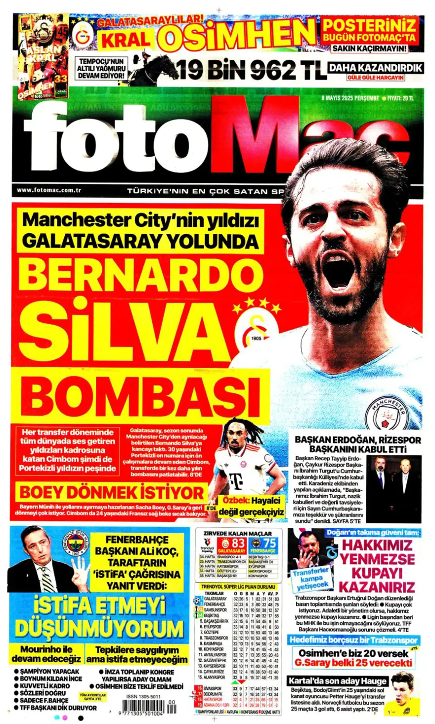 "Alacağım yok, borcum var" (8 Mayıs 2025 spor manşetleri) 7