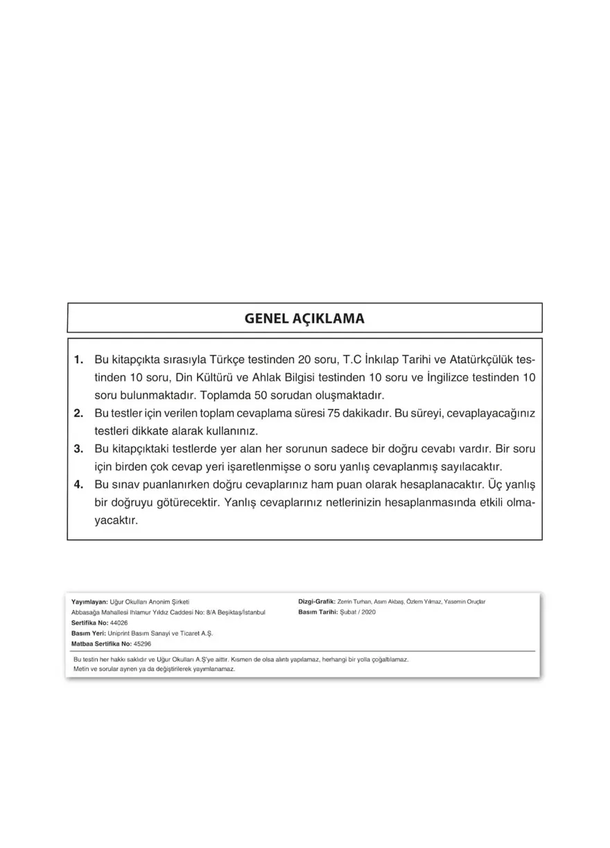 Uğur Okulları LGS deneme sınavı (Sözel bölüm) 1