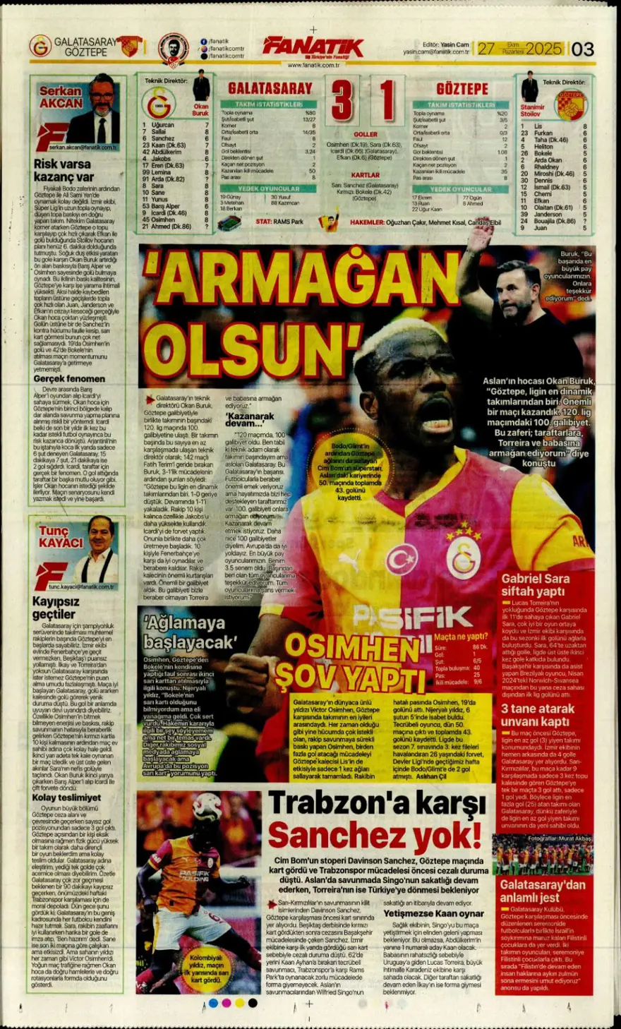 "Kartal'ı bitiren 25 saniye" (27 Ekim 2025 spor manşetleri) 1