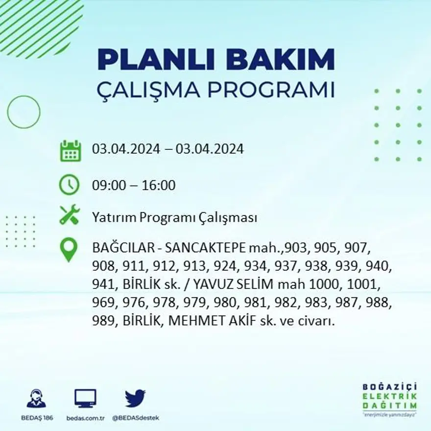 İstanbul'un 19 ilçesinde elektrik kesintisi: Elektrikler ne zaman gelecek? (3 Nisan tarihli BEDAŞ kesinti programı) 13