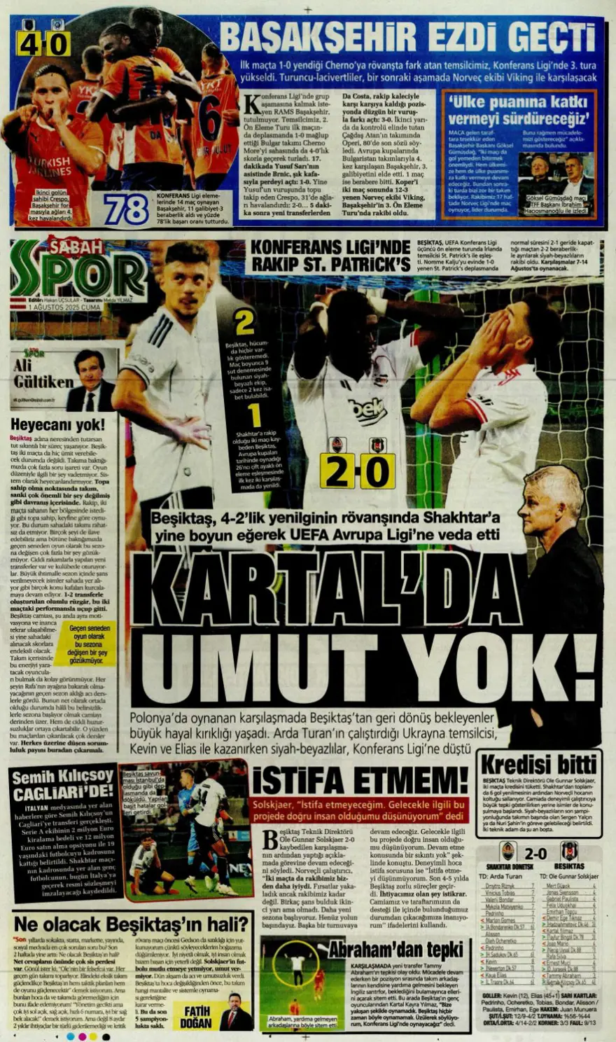"Her yer karanlık" (1 Ağustos 2025 spor manşetleri) 17