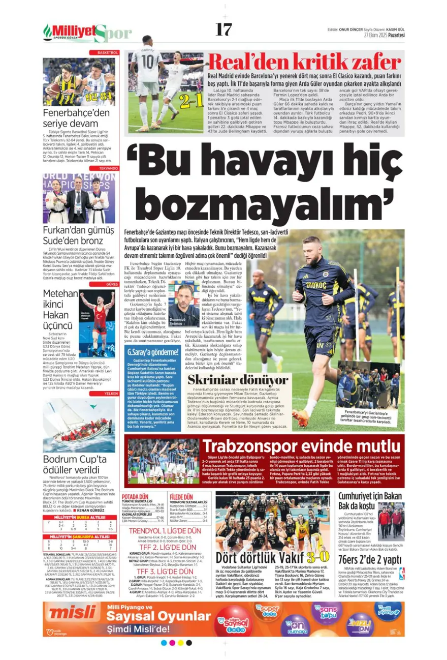 "Kartal'ı bitiren 25 saniye" (27 Ekim 2025 spor manşetleri) 11