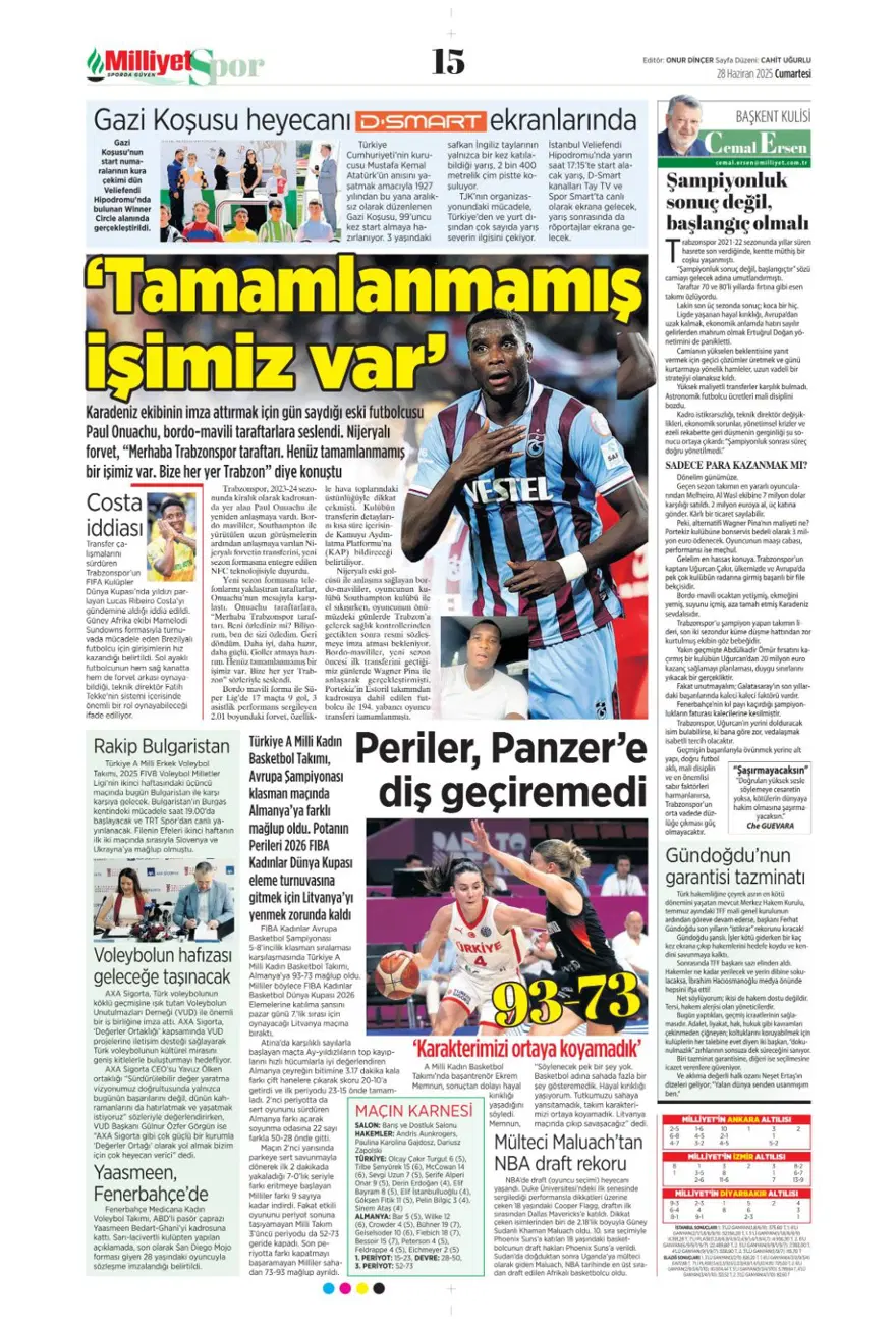 "Kolombiya seferi" (28 Haziran 2025 spor manşetleri) 7