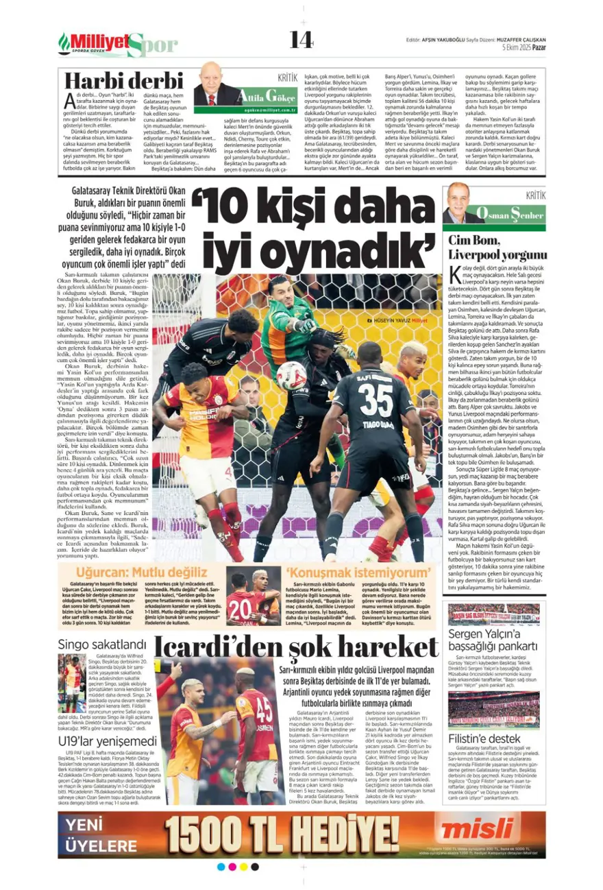 "Kartal salladı, Aslan yıkılmadı" (5 Ekim 2025 spor manşetleri) 10