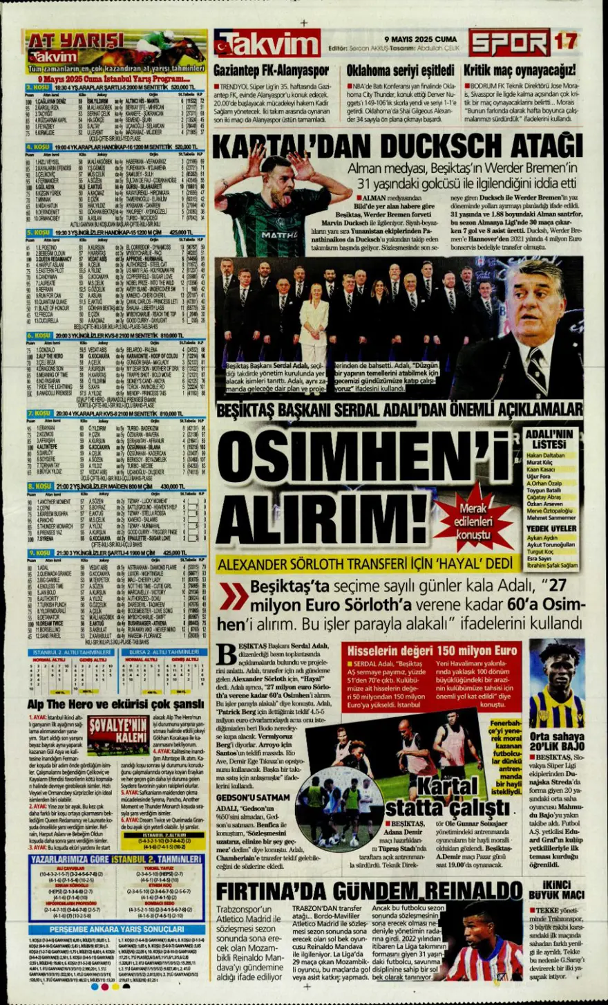 "Galatasaray 10'un peşini bırakmıyor" (9 Mayıs 2025 spor manşetleri) 30