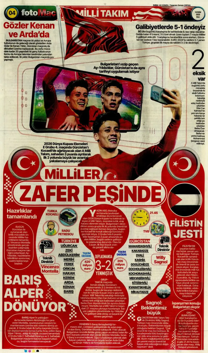 "Gürcistan'ı yen Play-off'u gör" (14 Ekim 2025 spor manşetleri) 2