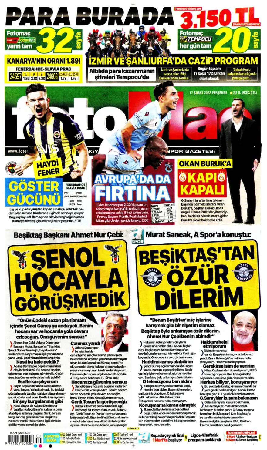 Günün spor manşetleri (17 Şubat 2022) 