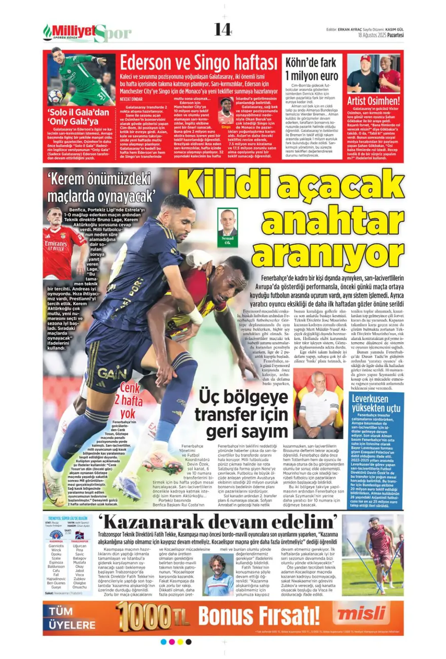 "Coşkudan kaosa" (18 Ağustos spor manşetleri) 8 "Coşkudan kaosa" (18 Ağustos spor manşetleri) 8