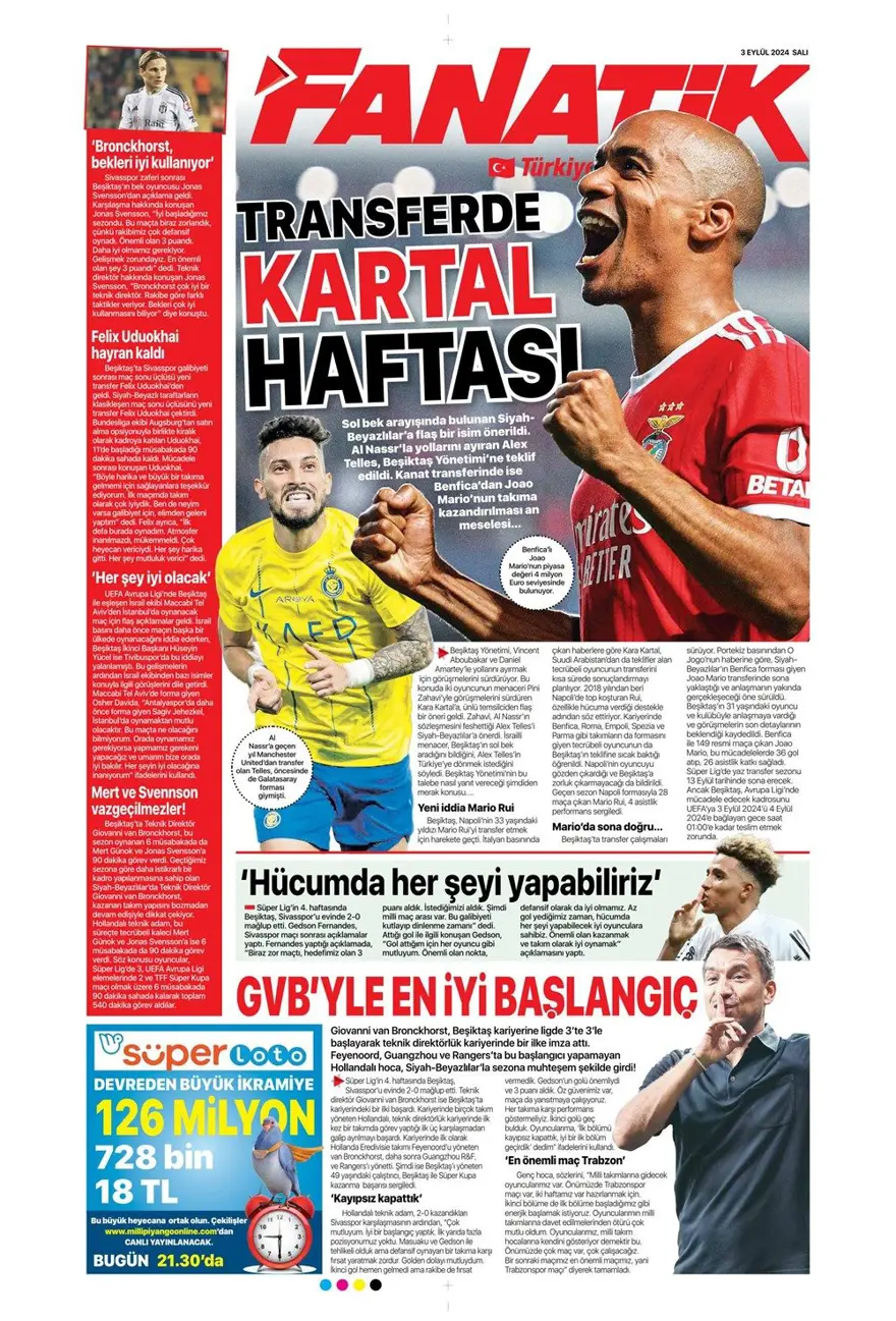 "100 milyon euroluk golcü" (3 Eylül 2024 spor manşetleri) 5