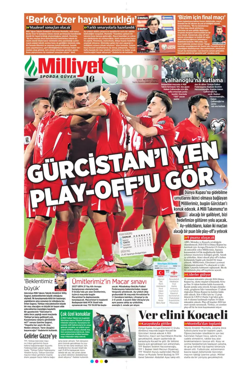 "Gürcistan'ı yen Play-off'u gör" (14 Ekim 2025 spor manşetleri) 1