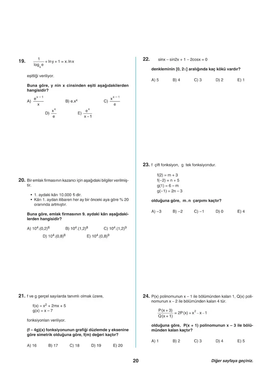 Uğur Okulları AYT -1 deneme sınavı 19