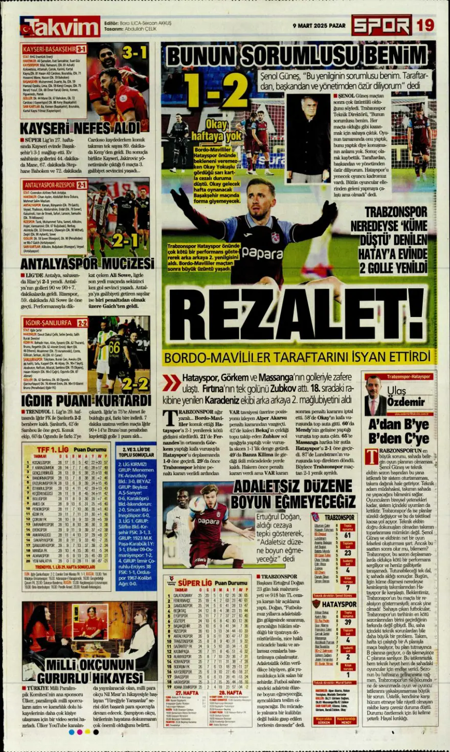 "1 numaralı büyük plan" (9 Mart 2025 spor manşetleri) 14