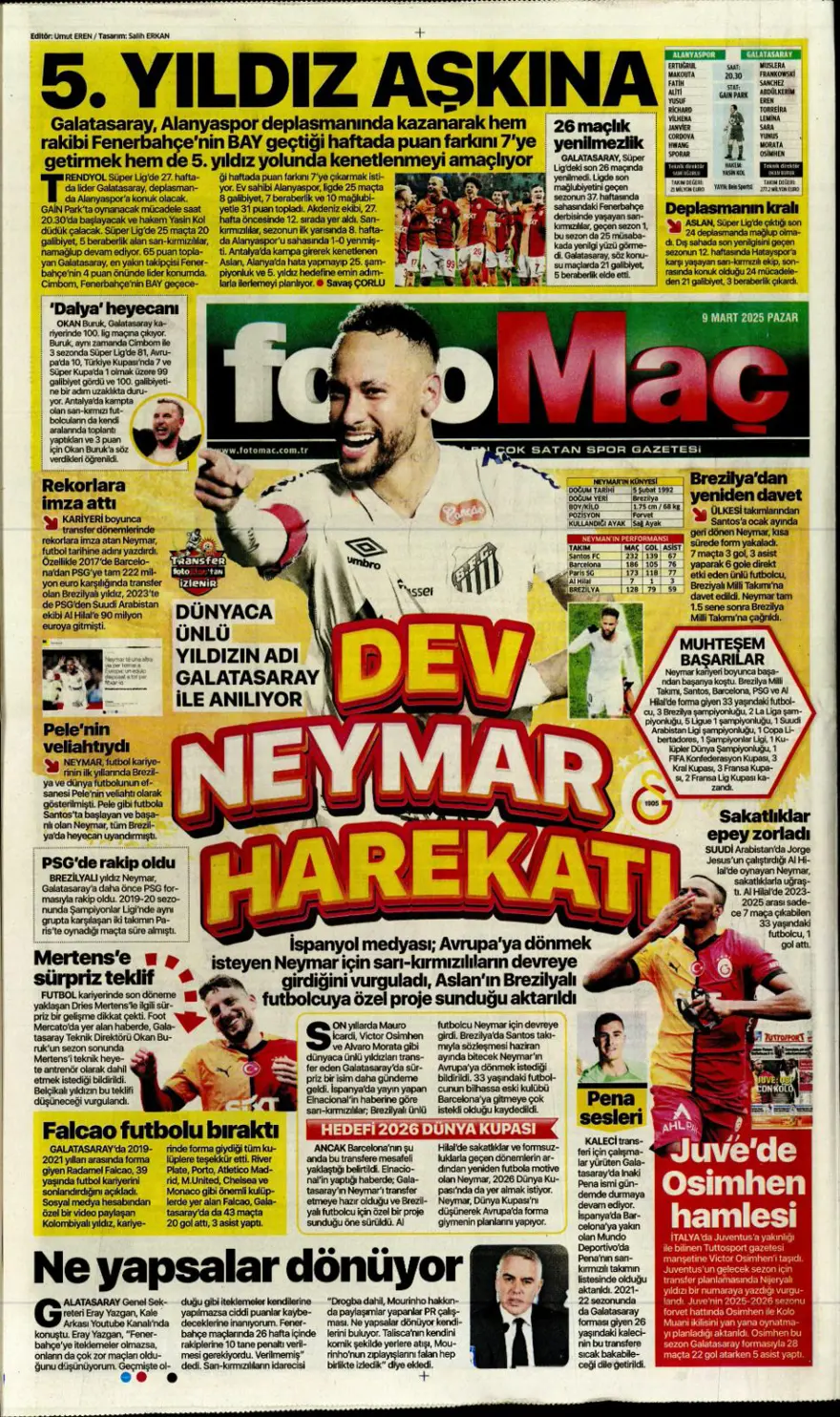 "1 numaralı büyük plan" (9 Mart 2025 spor manşetleri) 6